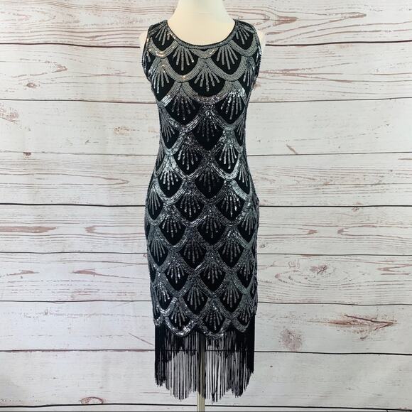 Flapper Gatsby fringe black silver 1920’s twenties - Picture 1 of 16